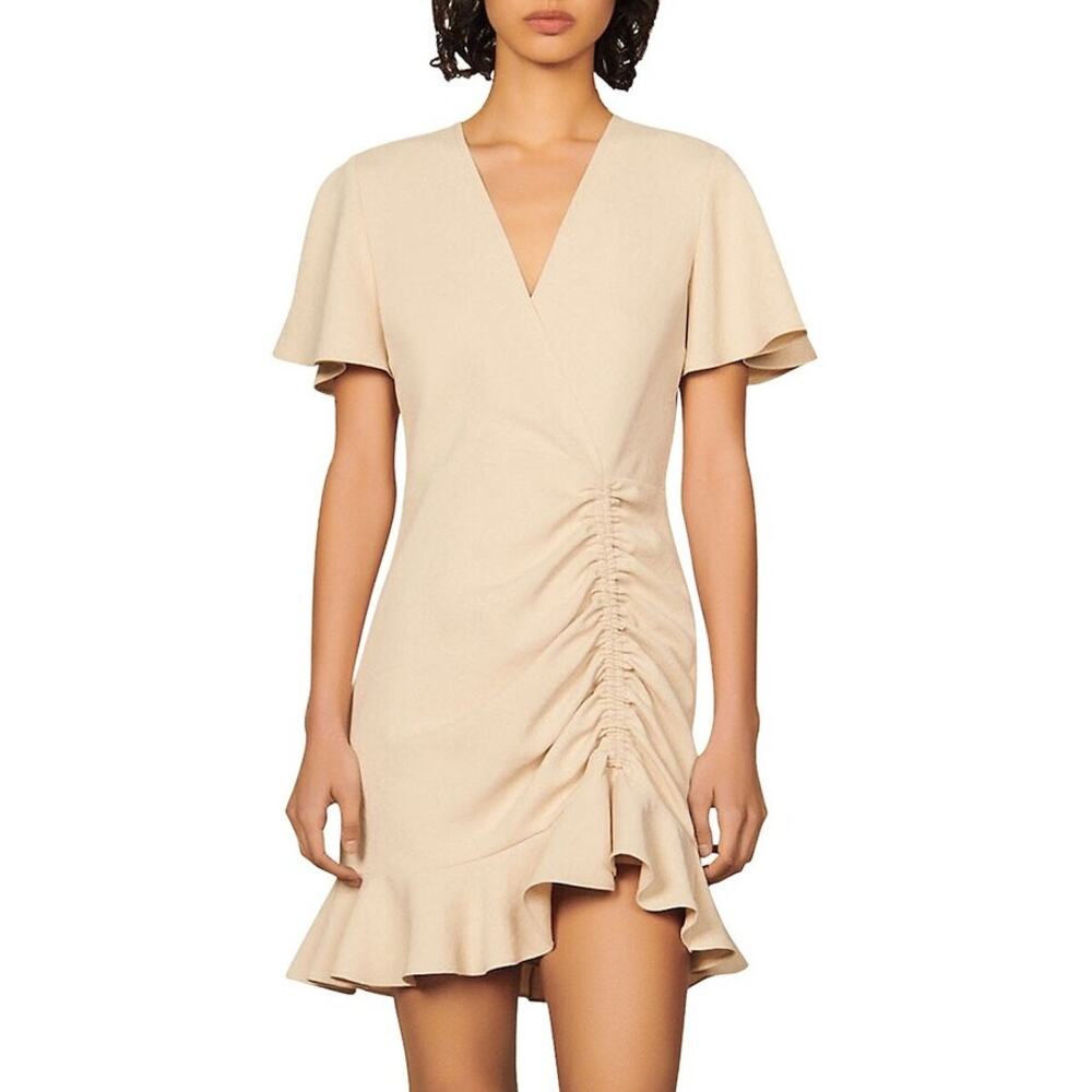 Sandro Albi Ruffle Trim Ruched Dress 36 Cream Beige EUC $345